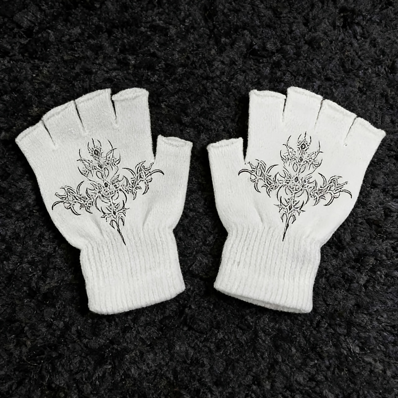 TEMU Y2k White Finger Gloves With Palm & Finger Patterns - Soft Touchscreen Compatible For Smartphone Use, Unisex For &, Machine Washable - Stylish