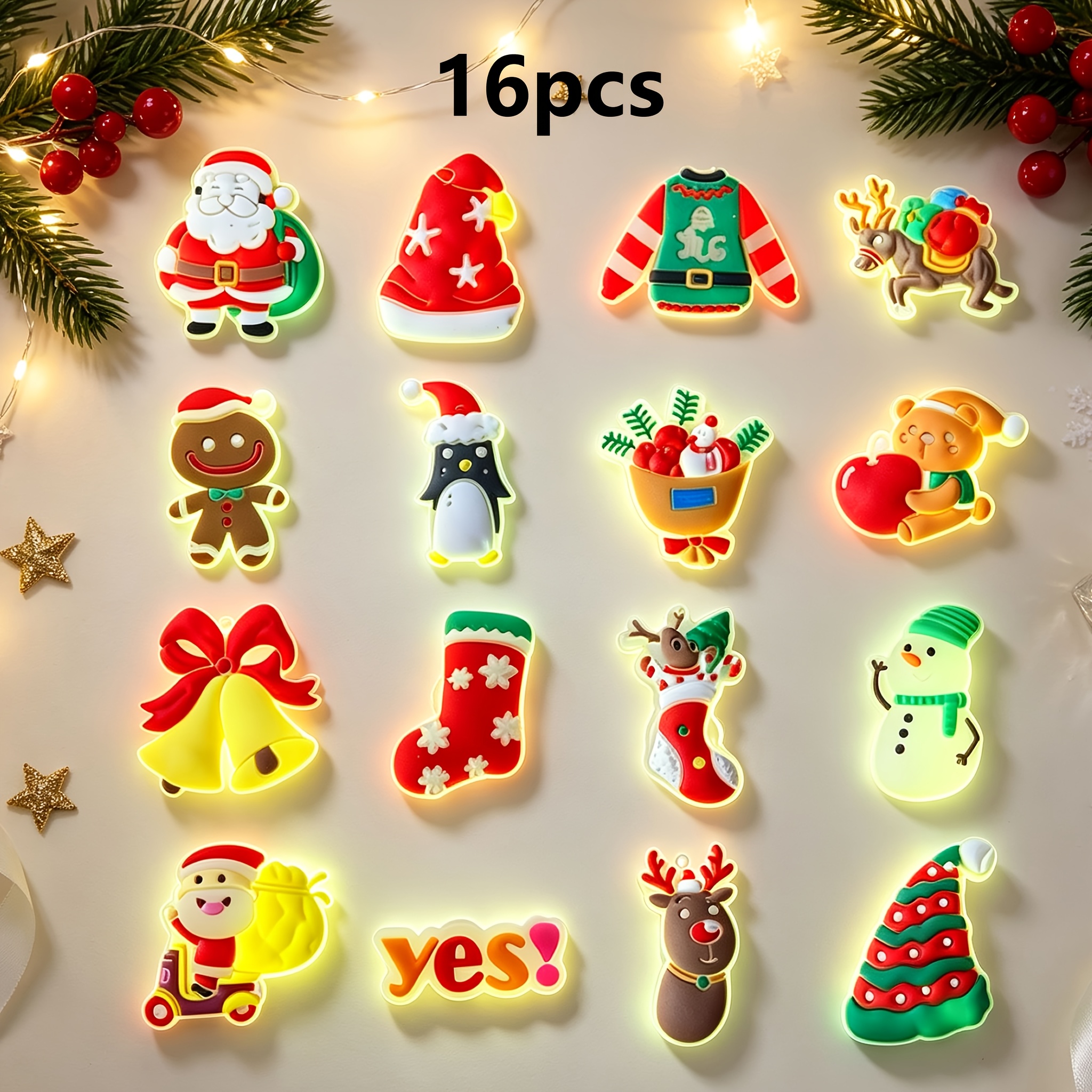 TEMU 16pcs Christmas -the-dark Shoe Decorations, Featuring Santa Claus, Stockings, Christmas Trees, And Candy Ornaments, Decorating Sandals, Pens,