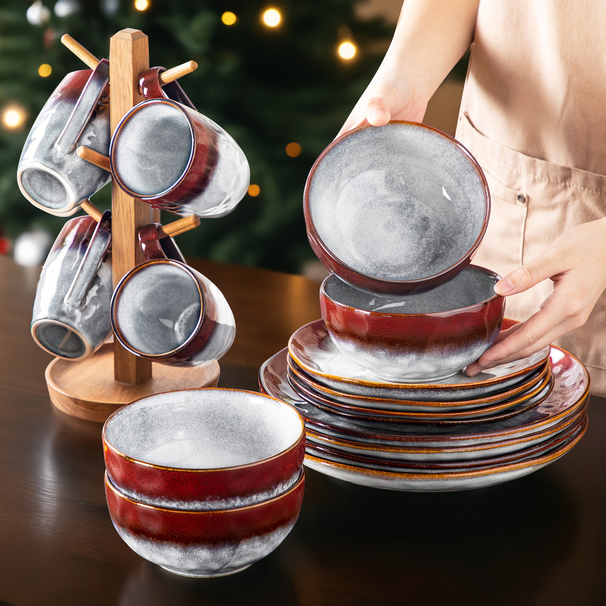 16pcs Porcelain Dinner Set For 4, Plates And Bowls Set, Porcelain Tableware Set Dishes Set Combination Service, Dinner Plates, Dessert Plates, Pasta Bowls, Mugs, Red, Dishwasher And Microwave Safe