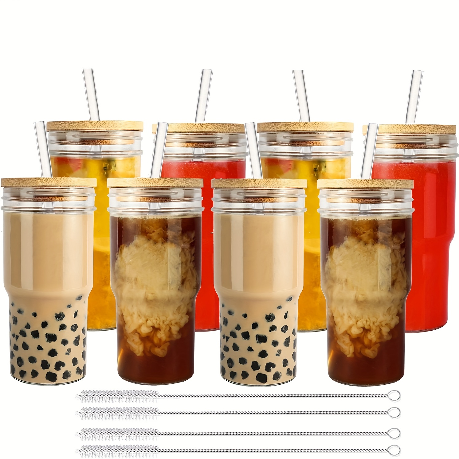 8pcs Glassware, Car Cups, Glass With Bamboo Lids And Glass Straws, Glass Mugs, Iced Coffee Cups, Cute Glassware, Suitable For Soda, Milk. Drinks, Juices, Party Supplies, Gift For Mom