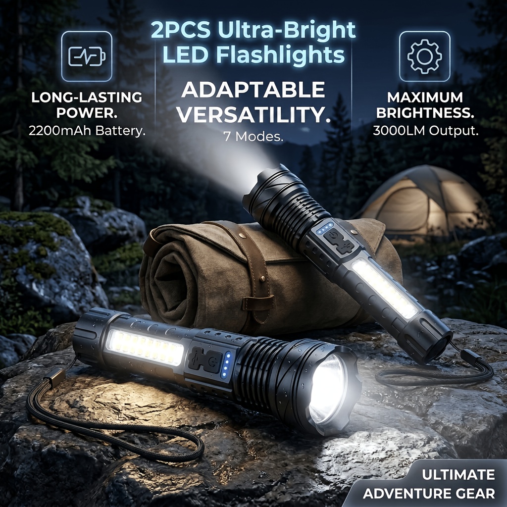 TEMU Lot de 2 lampes de poche LED ultra-lumineuses zoomables, 7 , 2200mAh, chargement USB, lampe à main, lampe tactique portable pour randonnée,