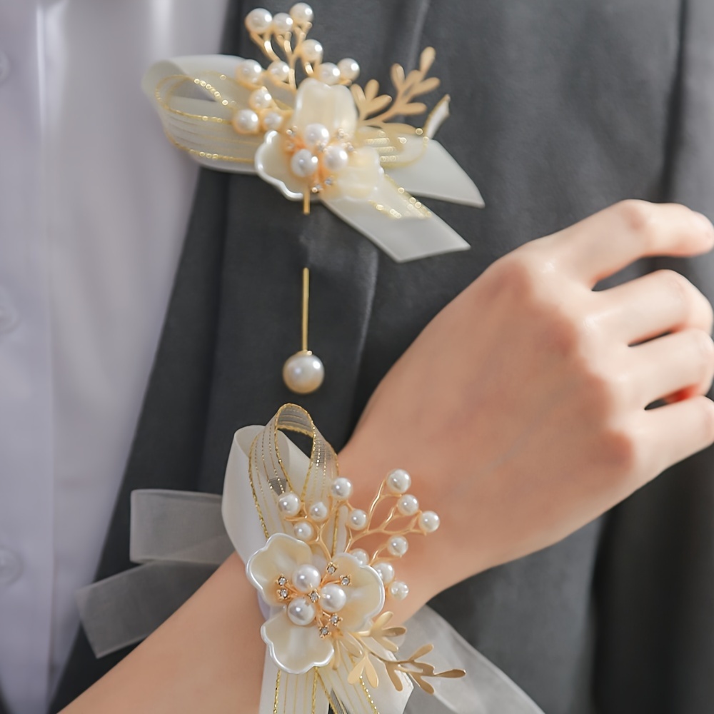 

Bohemian Style Wrist Corsage & Boutonniere Set With Faux Pearls & Rhinestones, Elegant Wedding Party & Travel Accessory Combo - 1 Set