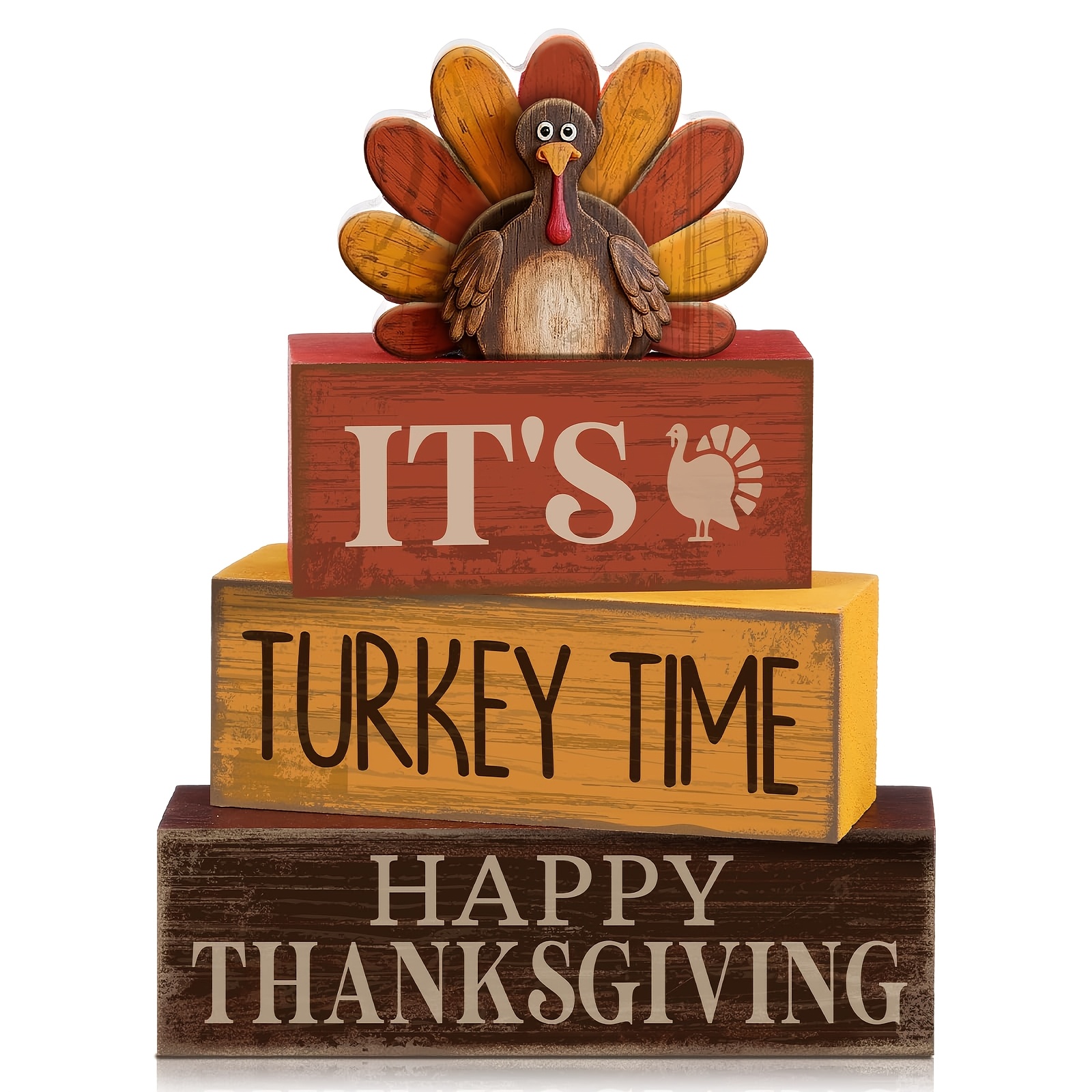 TEMU Thanksgiving Fall Tiered Tray Decor, Distressed Rustic Wood Turkey Stackable Blocks Happy Thanksgiving, Farmhouse Table Ornaments For Coffee Bar