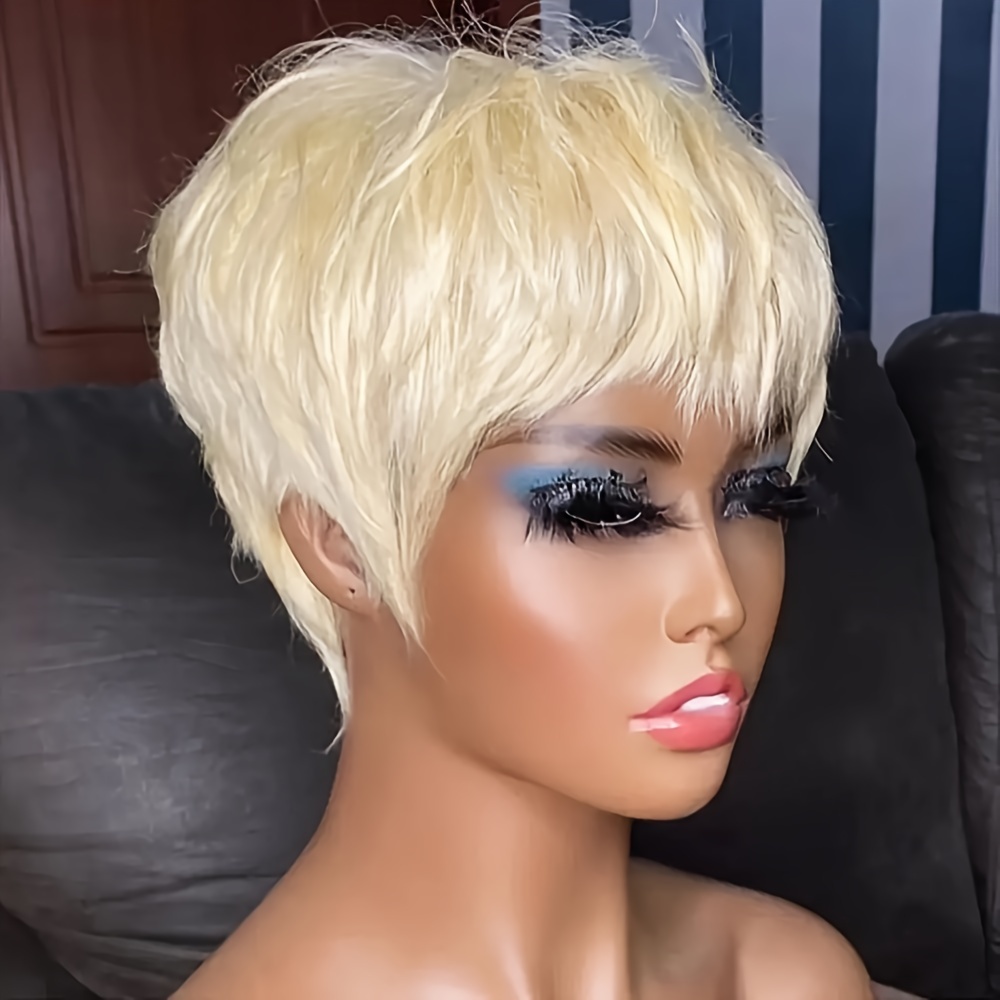TEMU Cut Short Straight Glueless Human Hair Wig For Women Daily Party Use Wig 613 Blonde Color Machine Made Human Hair Wigs 6inch Wig 150% Density