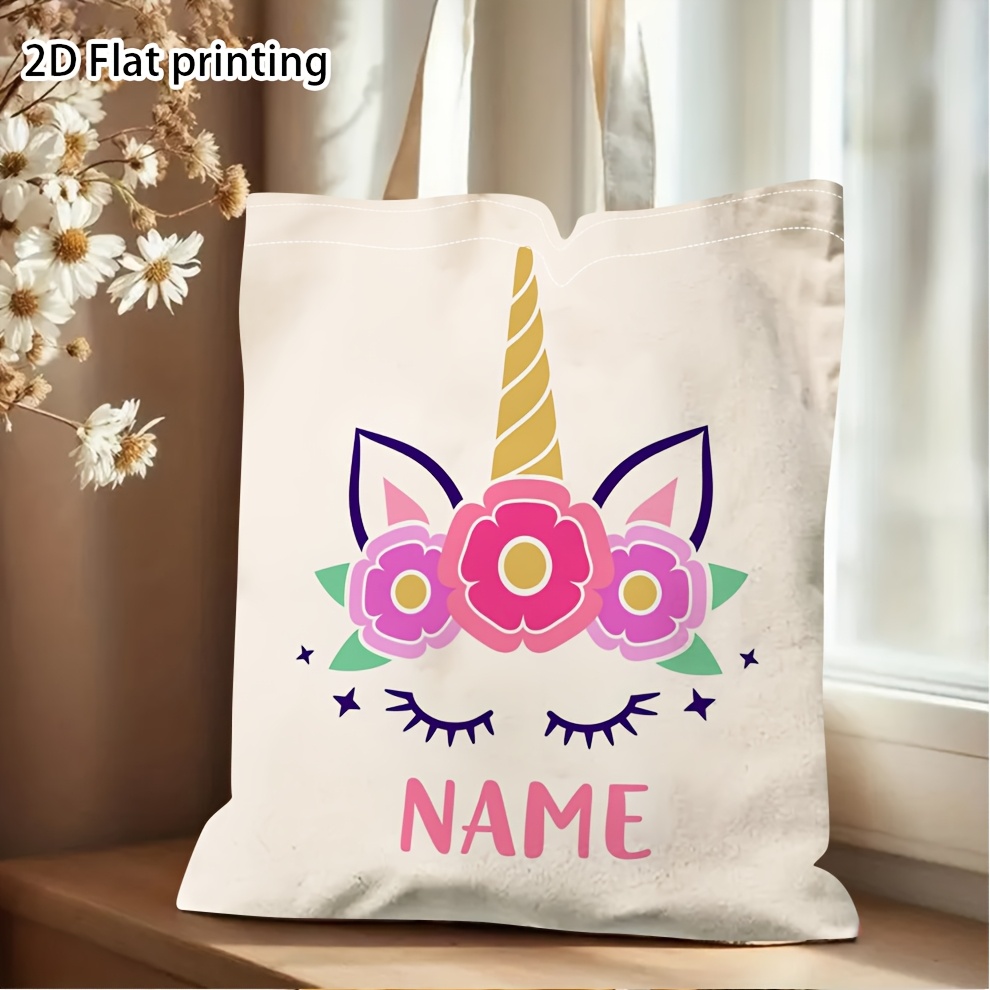 TEMU Sac fourre-tout plat 2D, 1 pièce personnalisé avec imprimé floral licorne - Sac à bandoulière personnalisé avec nom pour voyage, quotidiens,