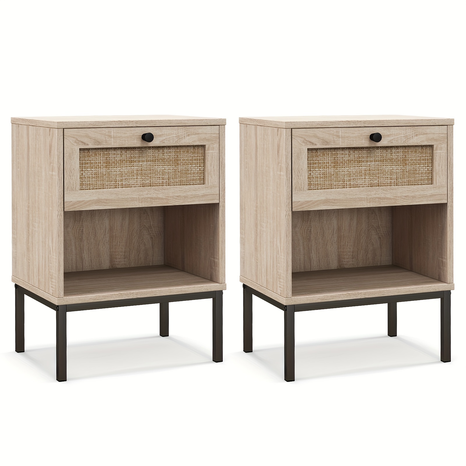 

2pcs Rattan Nightstand End Table With Drawer & Open Shelf For Living Room Oak