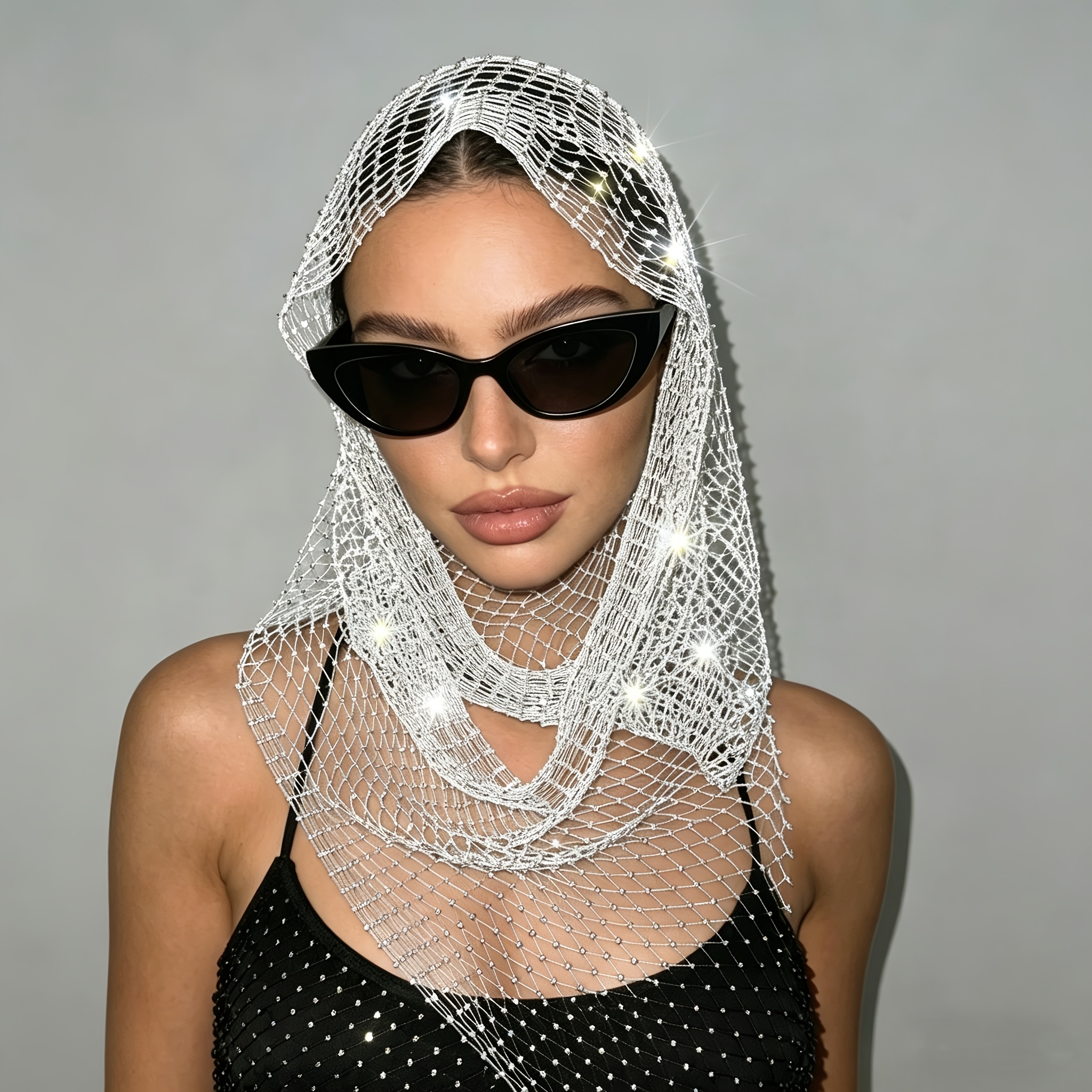 TEMU Pañuelo para la cabeza y de cuello de red de pesca con pedrería para mujer, incrustaciones de pedrería , adecuado para fiestas de , fiestas en y