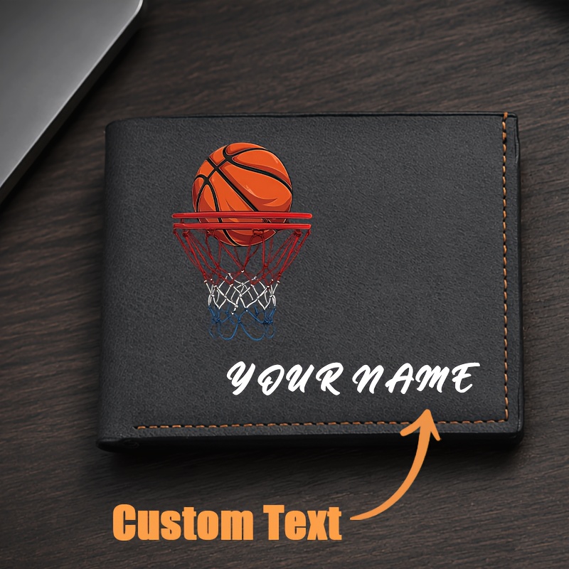 TEMU 1pc M01 Personalized Name Wallet With Basketball Hoop & Initials Plate - Pu Billfold Suitable For Everyday Use, Compact Lightweight Wallet With
