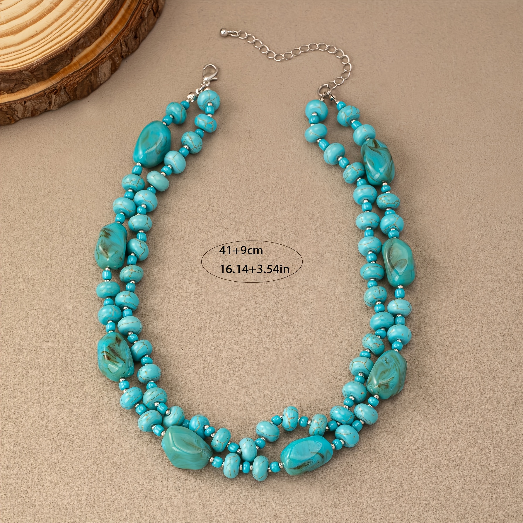 Vintage Bohemian Double Layer Necklace, Irregular Turquoise Stone Beads