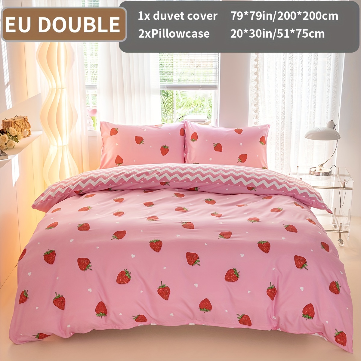 3pcs Strawberry Print Duvet Cover Set - Soft, Breathable Polyester Bedding With Zip Closure For - Includes 1 Duvet Cover & 2 Pillowcases (no Insert)