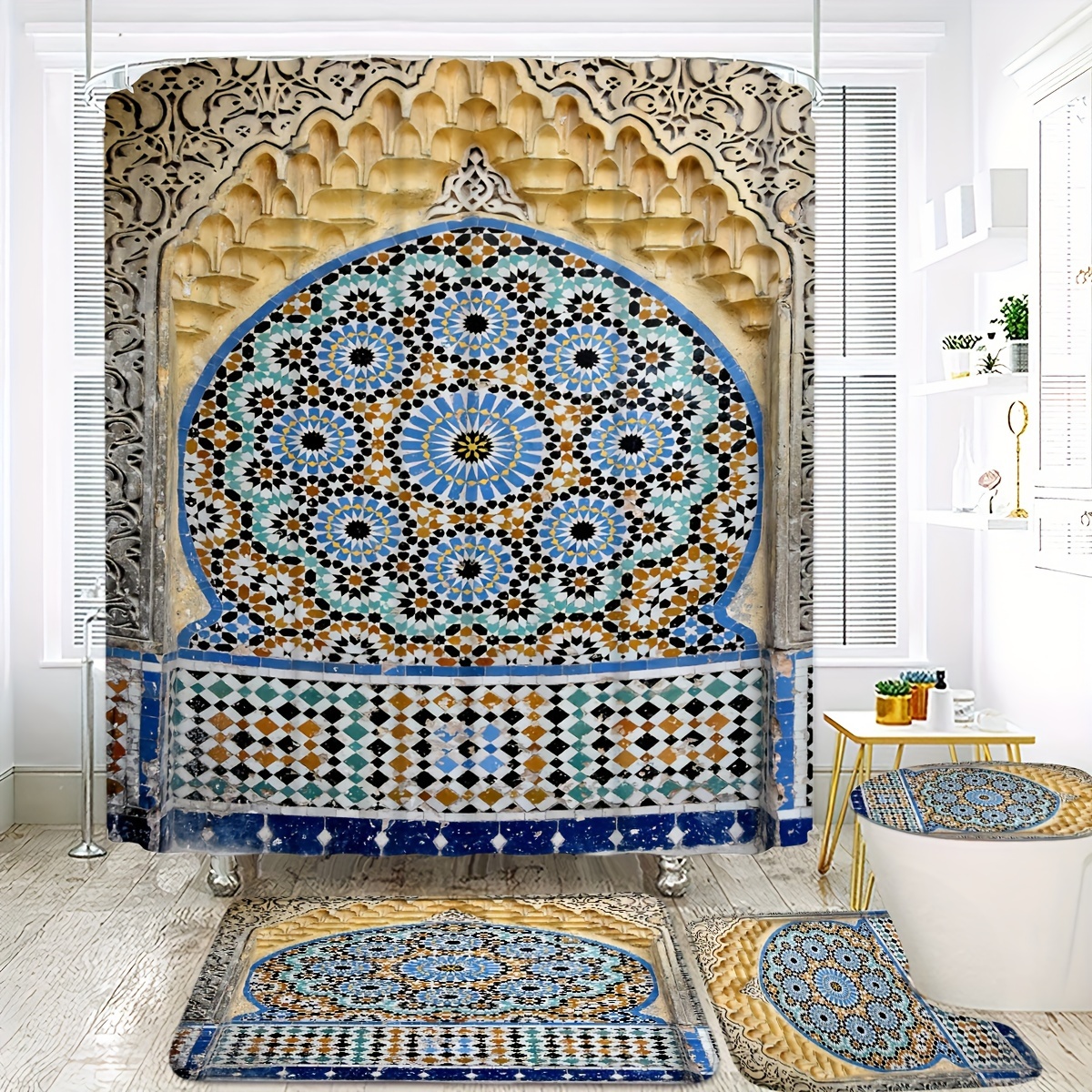 

Art Shower Curtain Set Bath Mat, Lid , And U-shaped Rug, - Polyester Bathroom Decor - , Curtain Set