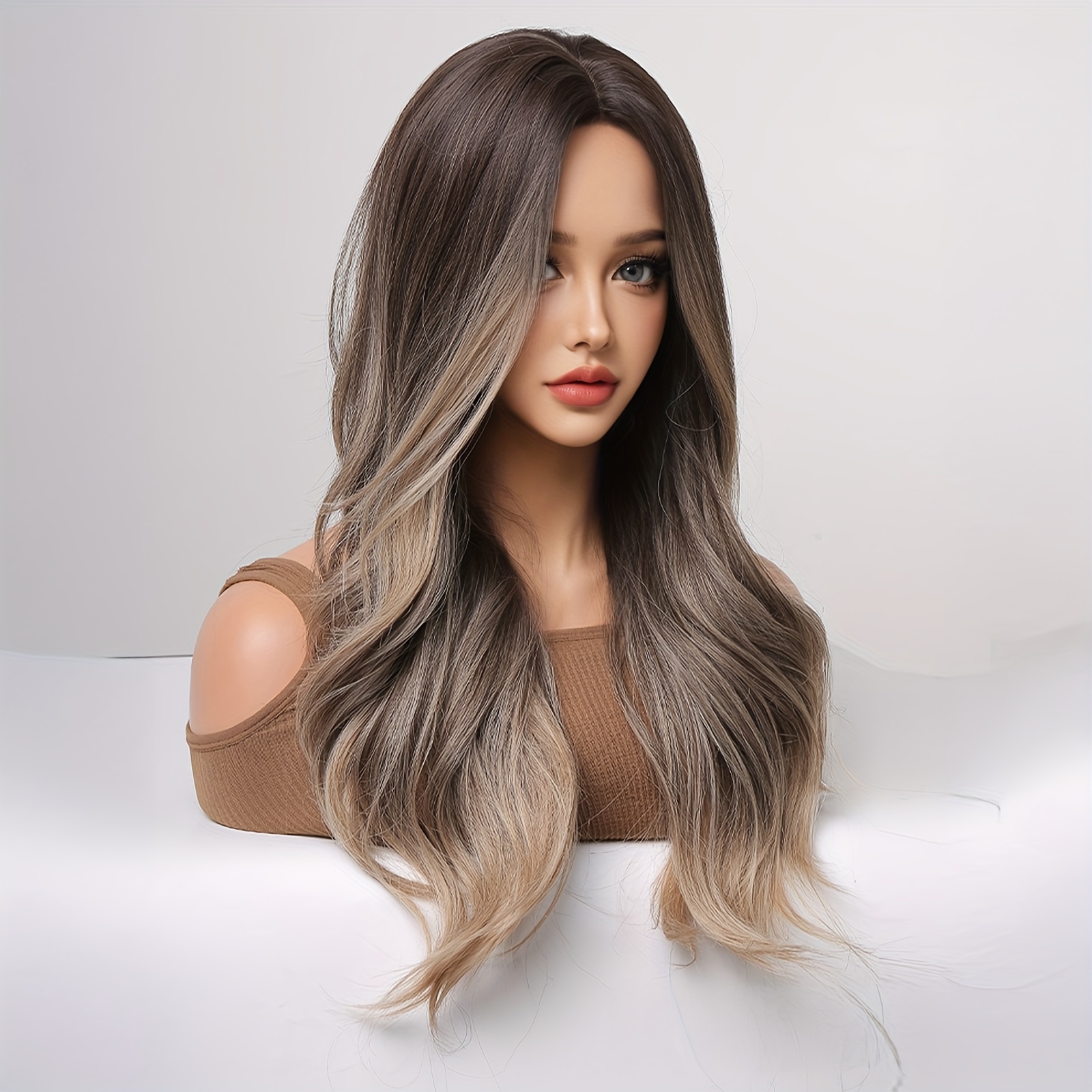 

Long Brown Wavy Wig For Women, Ombre Curly Wigs Heat Resistant Synthetic Wig Middle Part Hair Wig For Daily Party