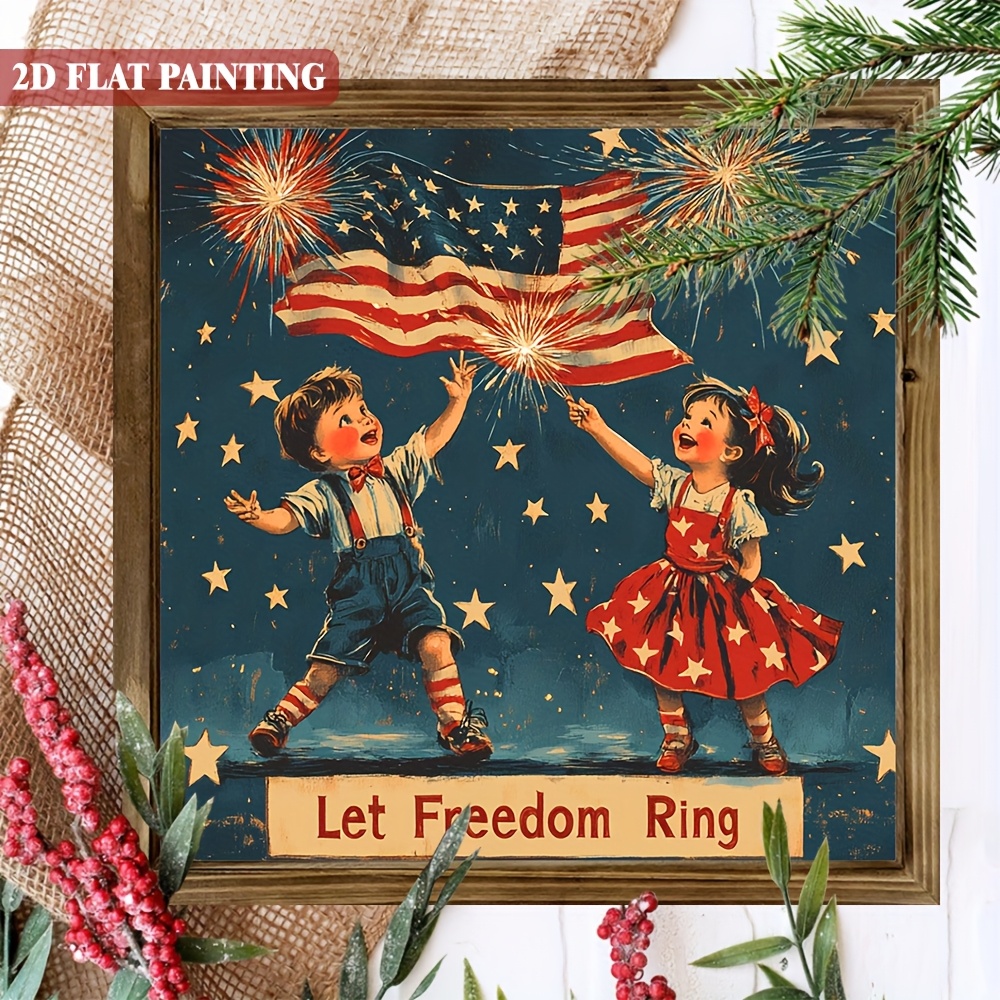 TEMU 2d Flat, Vintage '' Wooden Sign - Framed Day Wall Decor With Starry Night Fireworks & , Rustic Farmhouse Style 8x8 Inch Horizontal Wooden Plaque