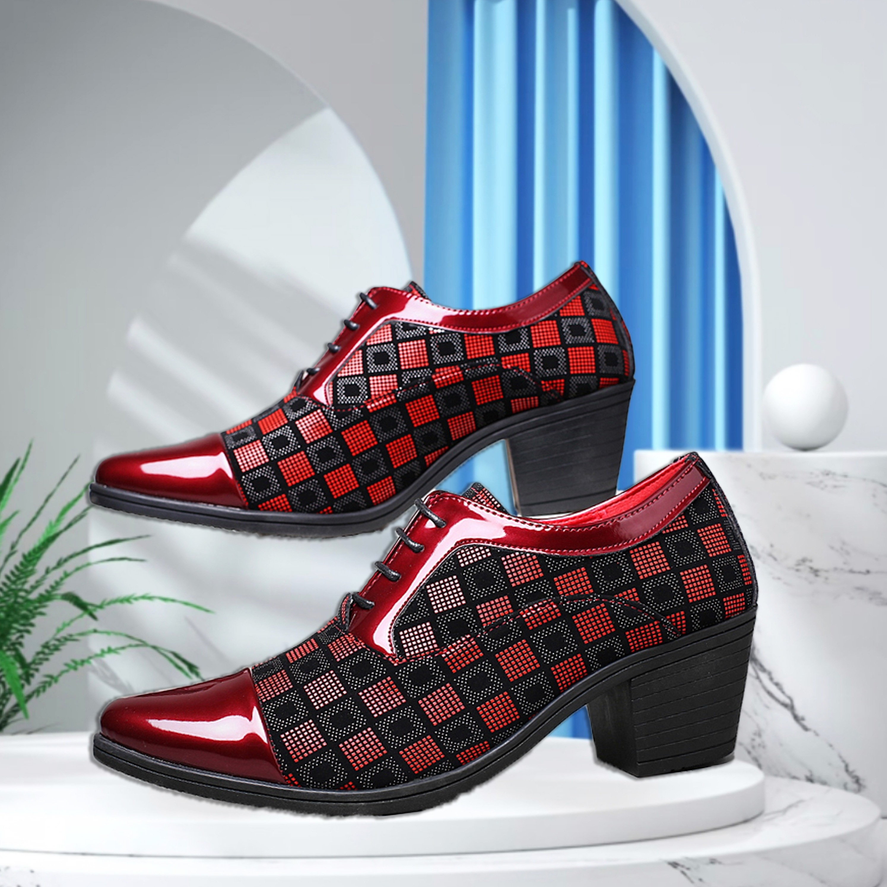 mens red black checkered platform dress shoes glossy Temu