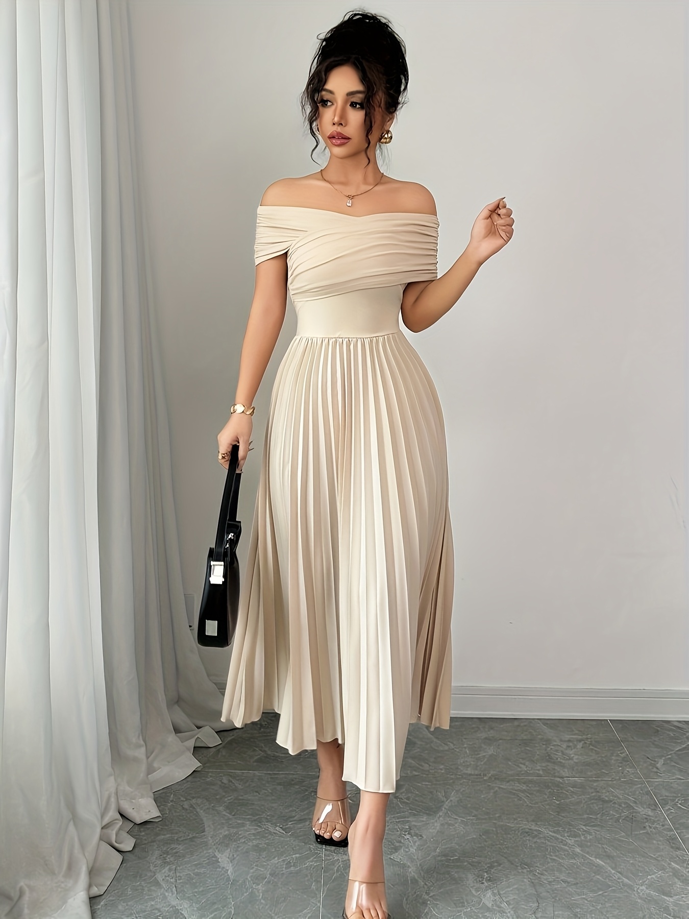 boho maxi dress pattern Glassworks London Beige Textured Stripe Ruched Peek Side Dress