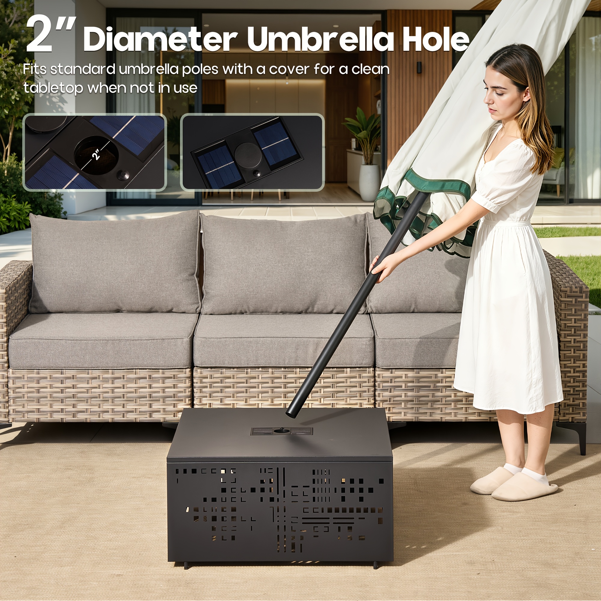 Only One Outdoor Metal Coffee Table with Lights And An Umbrella Pole Hole, Black Or Gray Two Table Color Options, A Coffee Table Suitable for Pairing with Outdoor Patio Furniture, Easy to Assemble