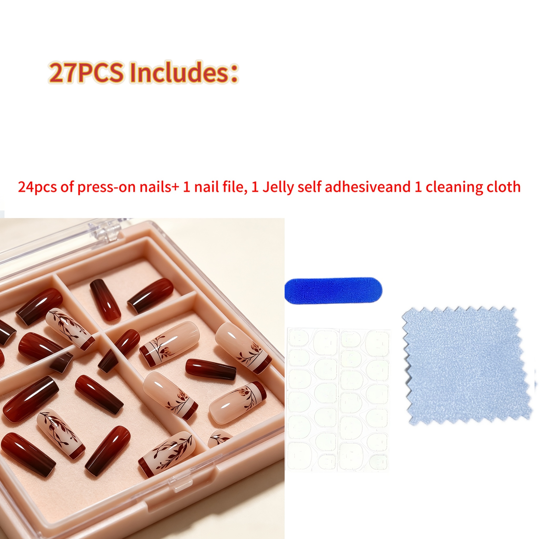 TEMU 27pcs (contains 24pcs Press-on Nails, 1pc Nail File, 1 Sheet Jelly Self-adhesive Tabs And 1pc Cleaning Cloth) Square Artificial Nails, Featuring