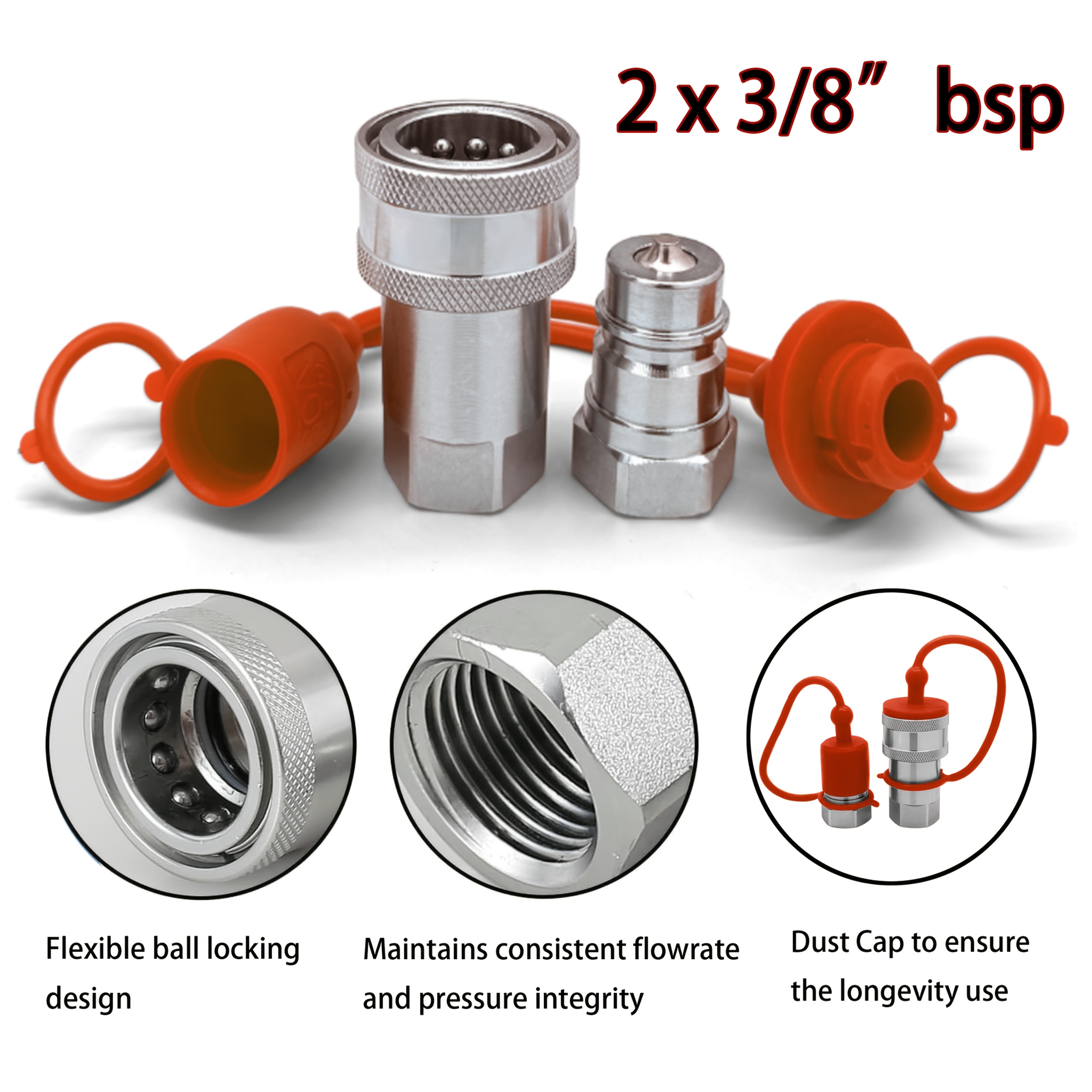 TEMU 2-sets 3/8" Hydraulic Quick Connect Couplers, Iso 7241-a, Carbon Steel Poppet Valve, 5000 Psi, With Dust Caps And Protective Cover For
