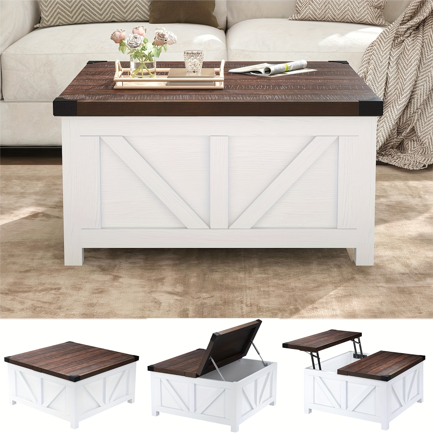 WOLTU Folding Coffee Table, Coffee Table with Storage, 1 Hidden Storage and 3 Open Compartments, White, Rectangular, Engineered Wood