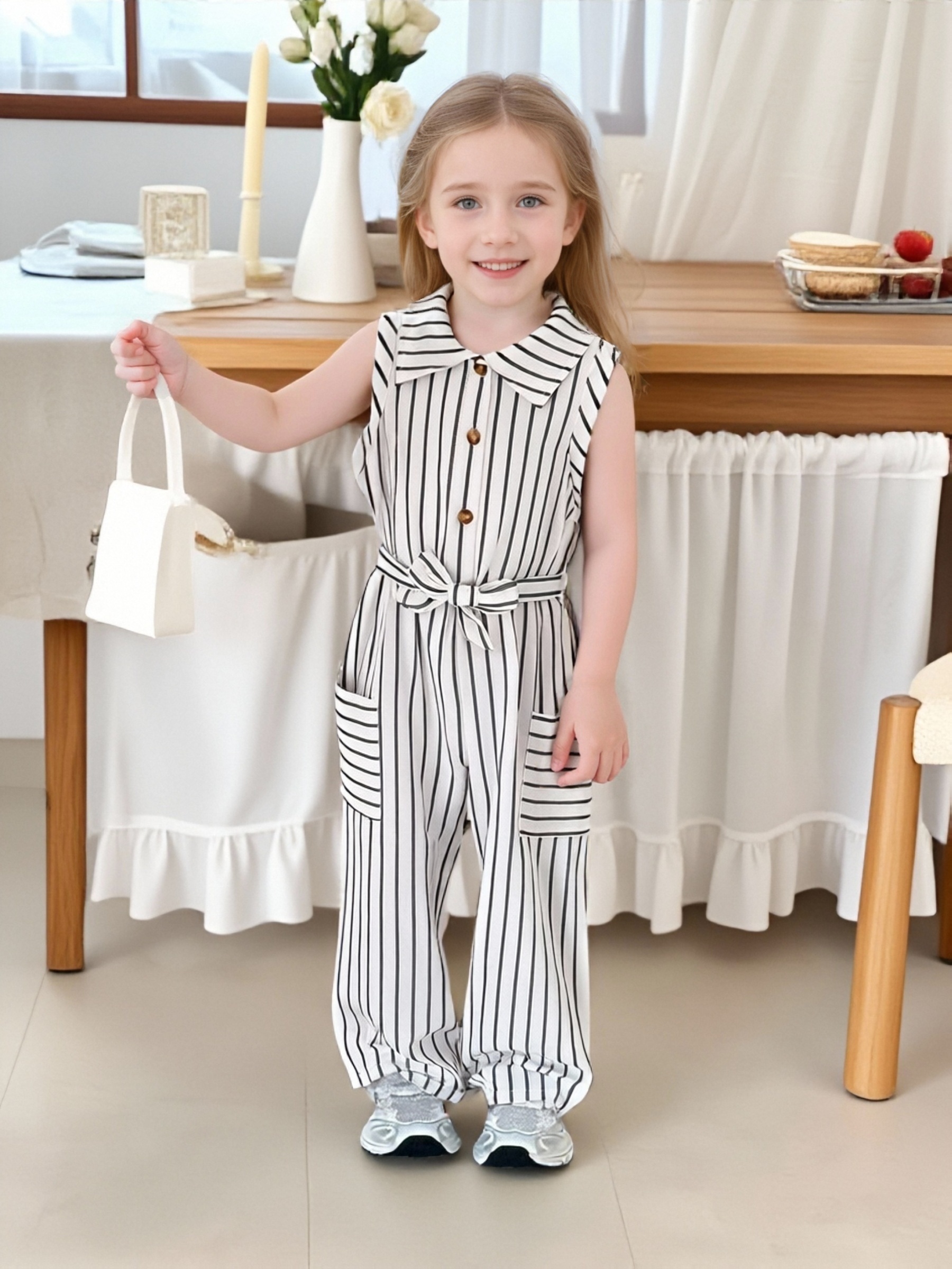 Casual Striped Turn- Collar Sleeveless Belt Half Placket Resin Button Pocket Jumpsuit, Suitable for Summer Outdoor Casual Wear, for Outdoor
