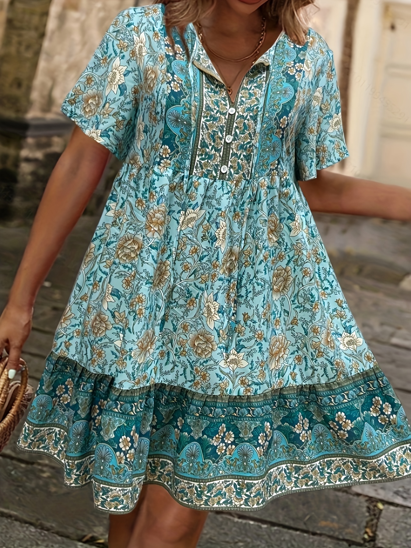 womens plus size bohemian floral print dress turquoise beige