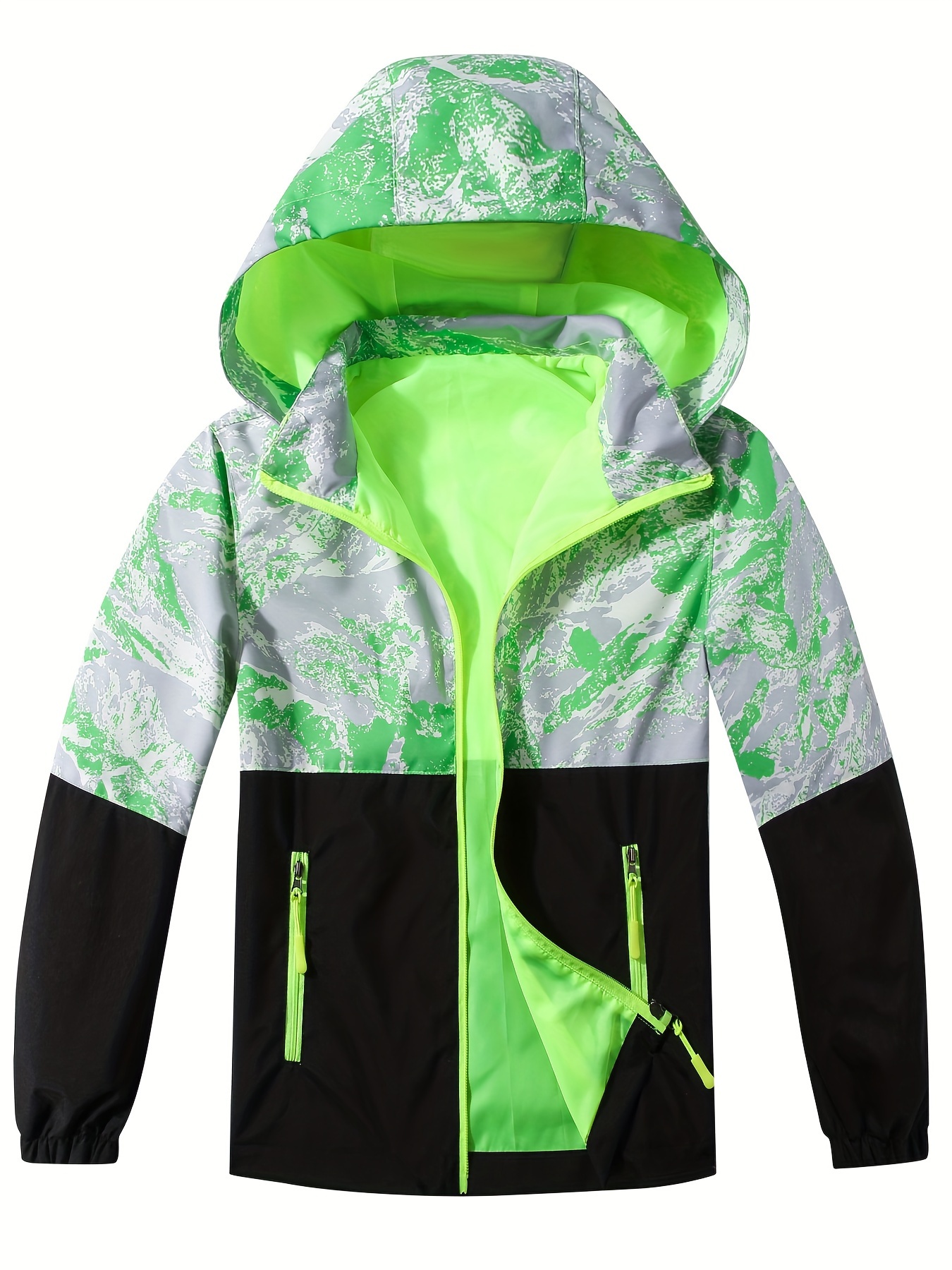 Boys' Fashion Color-Block Hooded Jacket - Fluorescent Zip-Up Jacket with Pockets - Lightweight and Comfortable, Suitable for Fitness and Casual Wear