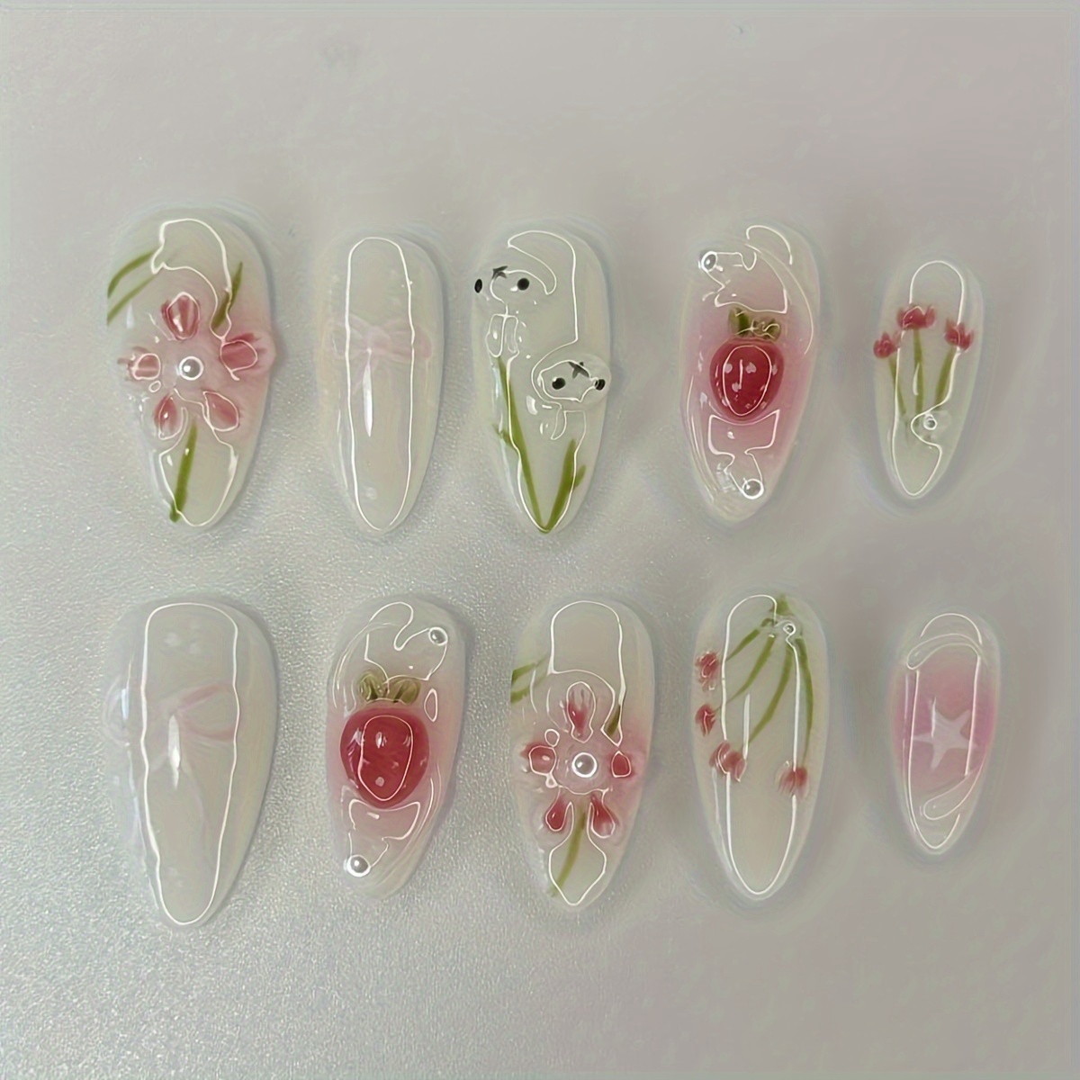 

Ensemble de 10 ongles faits à , en d', avec un motif floral 3D et une mignonne, résidu fin résidu, douce, couleur mélangée, ongles pour la beauté et les soins personnels.