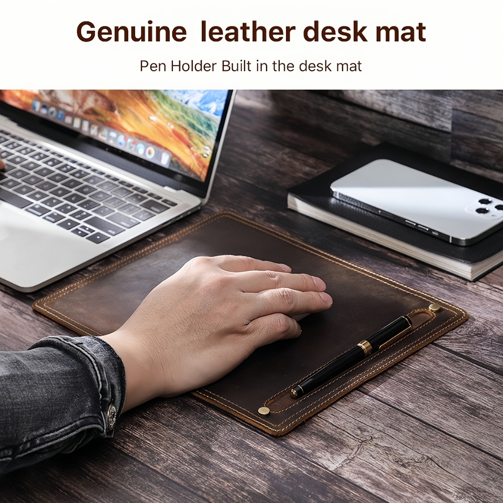Handcrafted Top-grain Cowhide Mouse Pad - 27.94x22.86 cm Non-slip Genuine Dermis Office Mat with Pen Slot, Ergonomically Designed Computer Accessory Suitable for Office and Study Environments.