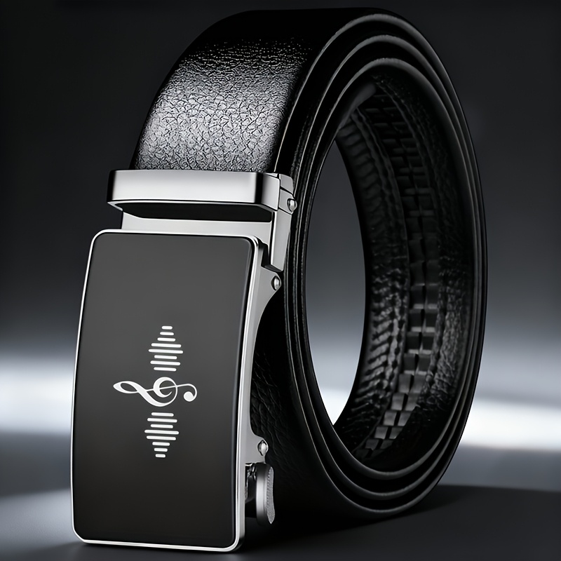 TEMU Ceinture Homme Noire avec Boucle Automatique et Notes de Musique, Design Musical avec Boucle Automatique en et Corps Noir. Lisse, Durable et