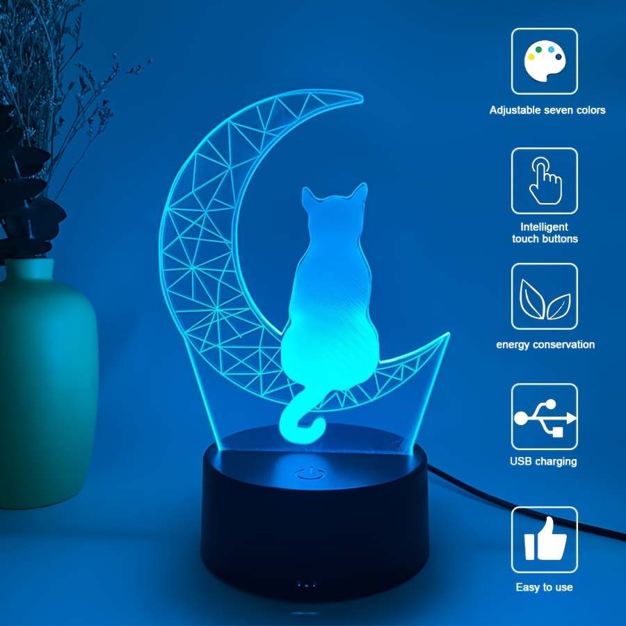 

Geometric Mooncat 3d Nightlight, Black Base 7 Color Rgb, Tabletop Decoration Gift