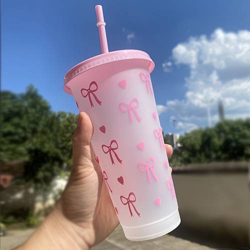 print cup with detachable lid and straw pp material solid color portable beverage container suitable for parties commuting office and camping scenes in multiple colors