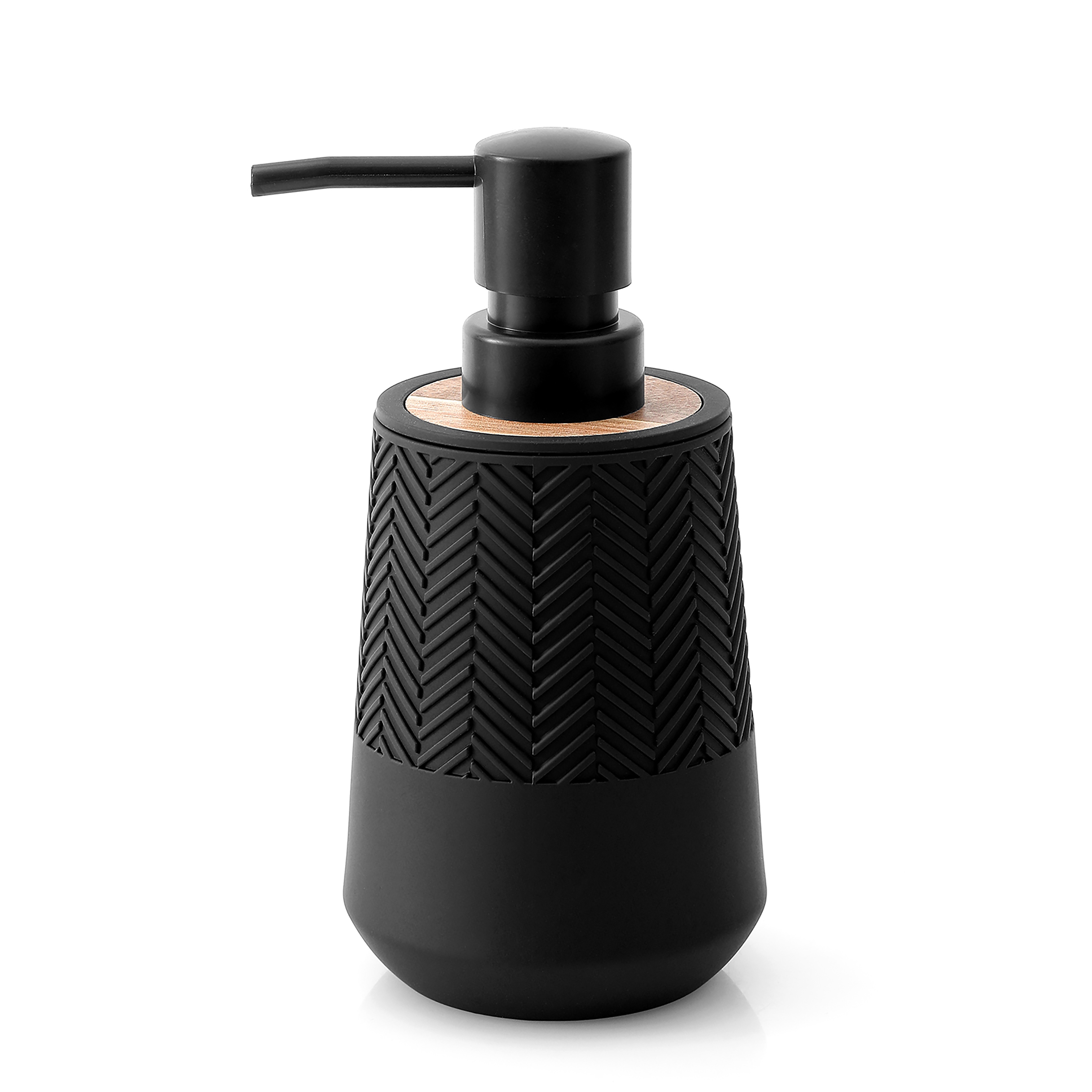

1pc Black Textured Soap Dispenser With Bamboo Accent, 280ml/9oz, Ideal For Kitchen & Bathroom, Countertop Soap Dispenser