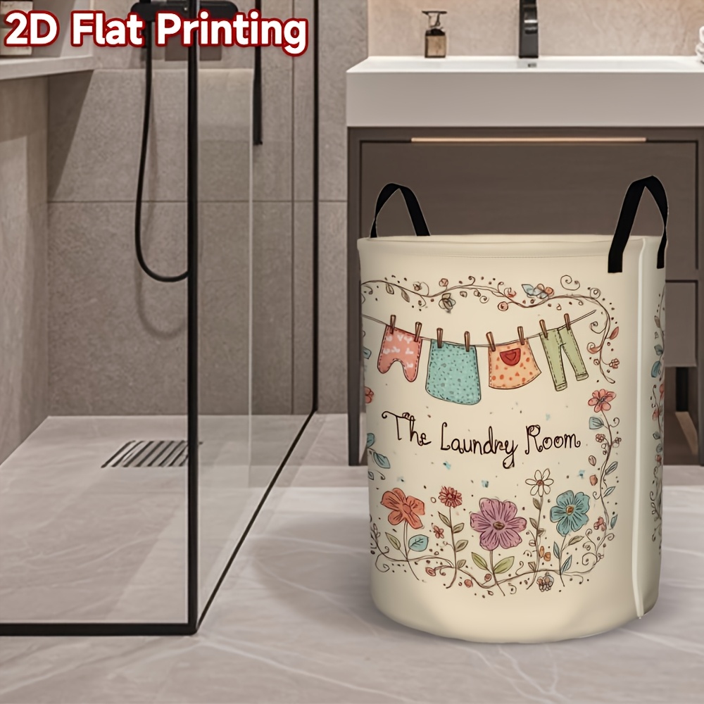 1pc Laundry Basket with Cute Floral & Clothespin Design - High-Capacity Foldable Hamper, Durable Polyester Fabric Storage Bin with Sturdy Handle for Bedroom, Bathroom, Dorm Organization (Beige)