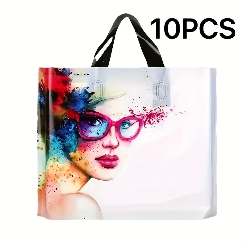 Image of 10 White Glasses Girl Pattern Tote Bags, And Non-slip Plastic, Suitable For Clothing, Gifts - Ideal For Retail, Parties, Supermarkets - Optional, Sturdy And Durable