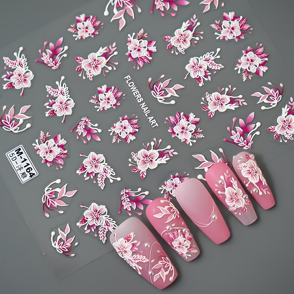 5d Embossed Floral Nail Art Stickers - Self-adhesive, Decals For Women's Manicure Decoration