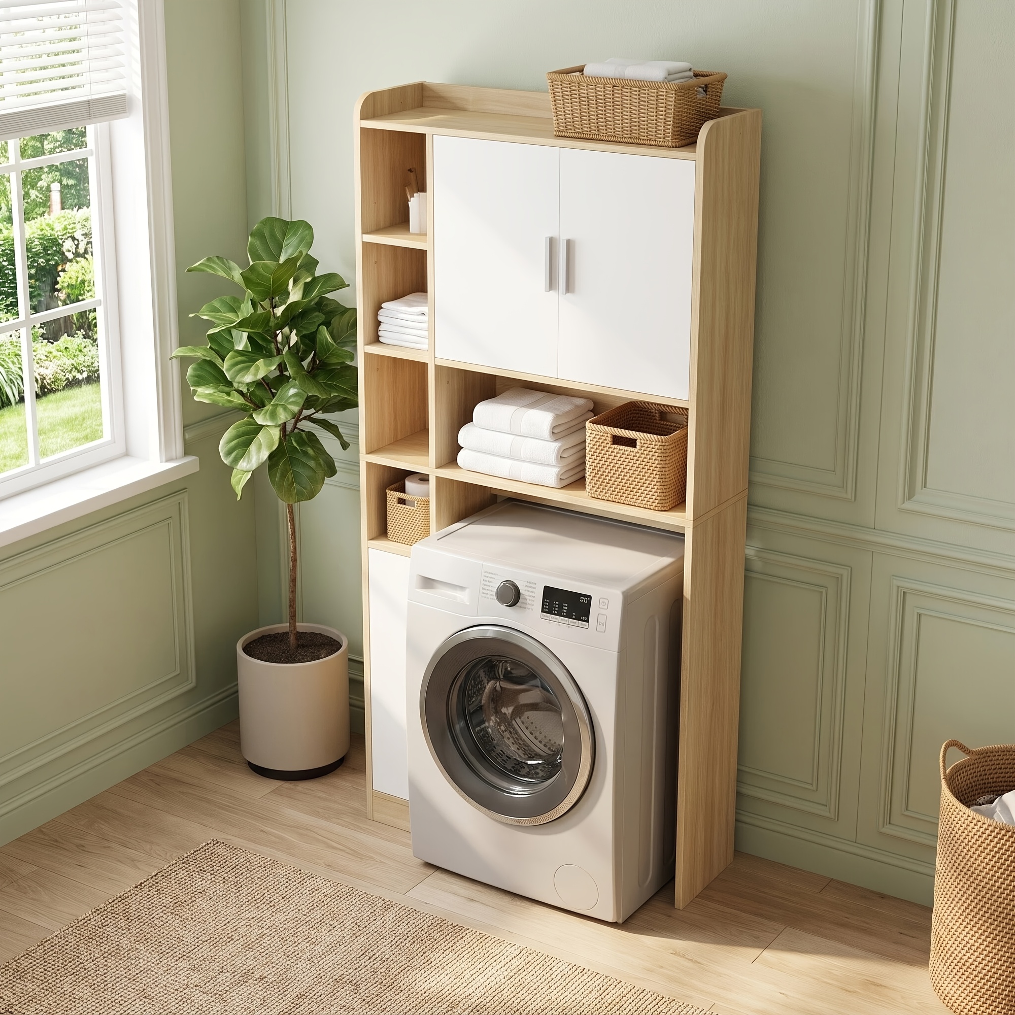 Image of Wood Bathroom : Three-door Overhead Storage Cabinet For Washing Machine And Toilet, 5 Open Compartments With Adjustable Shelves For Laundry Area