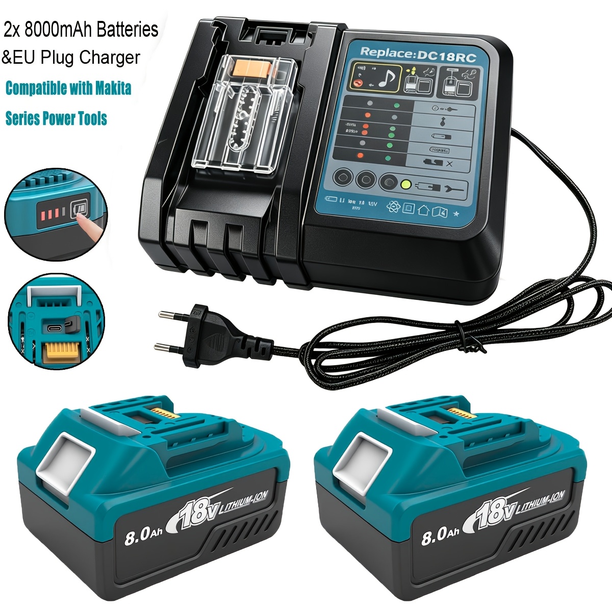 Upgraded 2pcs 18v 8.0ah Battery + Charger/ Charger For Makita Bl1860b - High-capacity 8000mah Lithium-ion, Type-c Charging Ports, 6-, Compatible With For Makita / & Multi-device Charging For Home