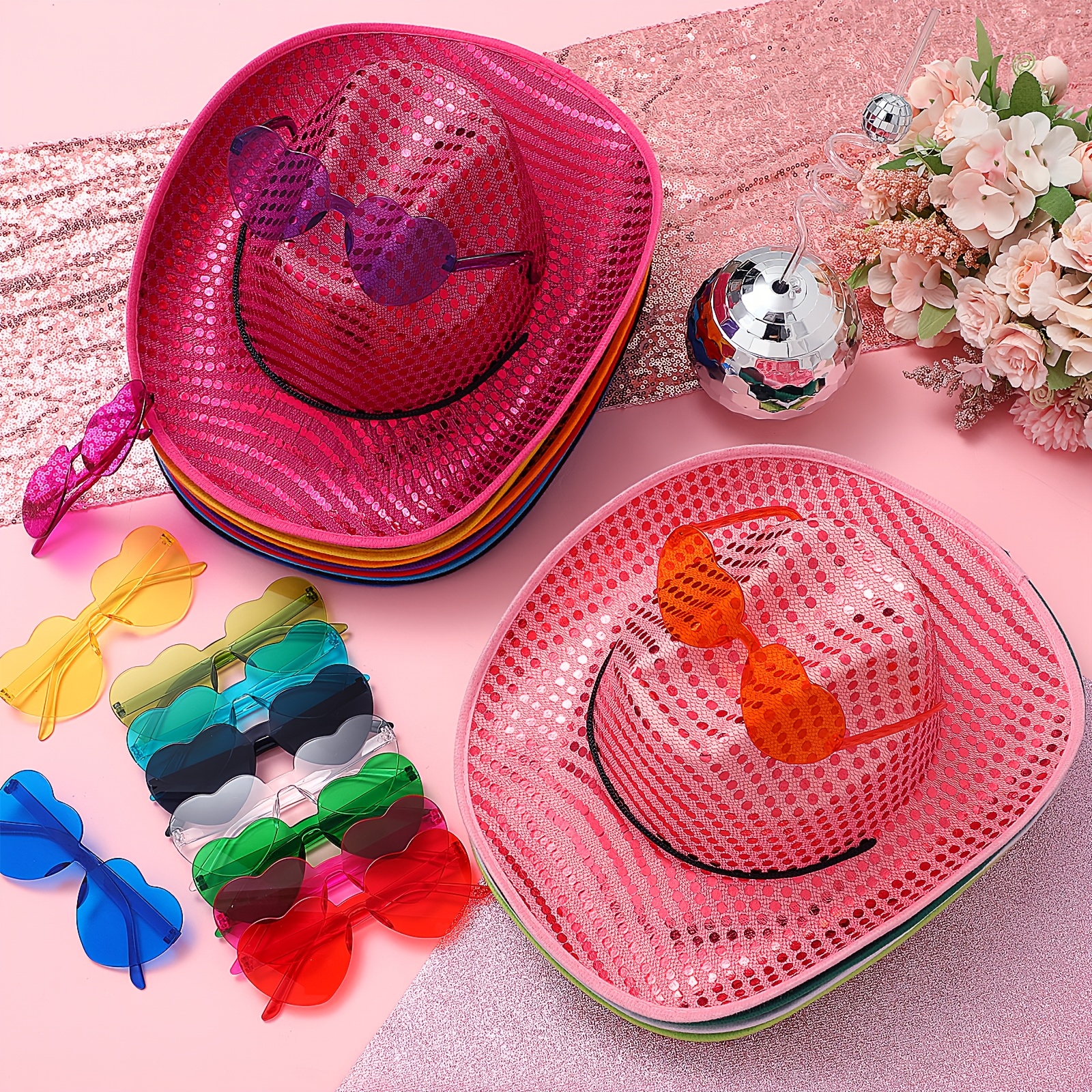 Pink Cowgirl Hat Headband Set With Heart Glasses & Bandana 