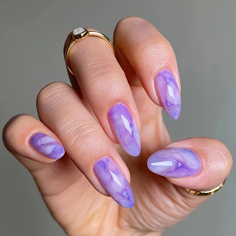 Press Nails 2 Nail Glue 2 Nail Files Brilliant Purple Marble Temu