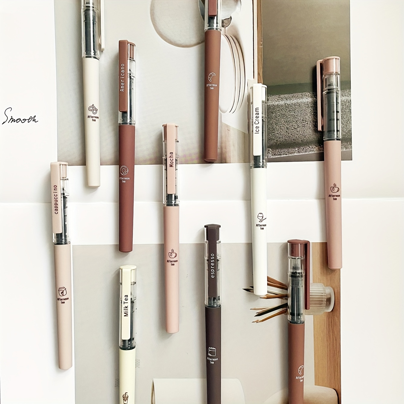 6pcs/8pcs Coffee Theme Liquid Quick-Drying Ink Gel Pens, No smear Soft Touch Pens for Note taking Drawing School& Office Supplies