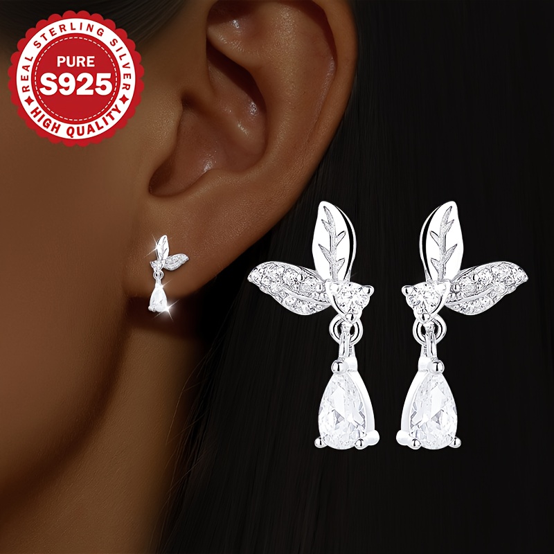 Women's S925 Silver Leaf Zirconia Water Drop Earrings