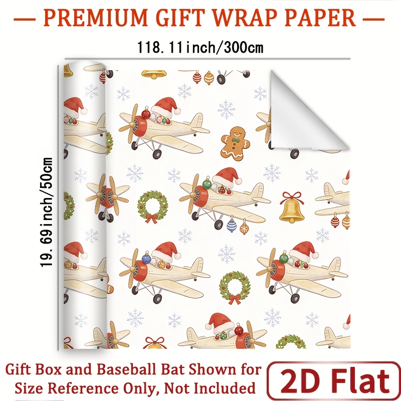 TEMU 1 Roll 2d Flat Christmas Airplane Theme Wrapping Paper Gift Highlighted Paper - Light Beige Base Color, Main Pattern Of Gingerbread Men Piloting
