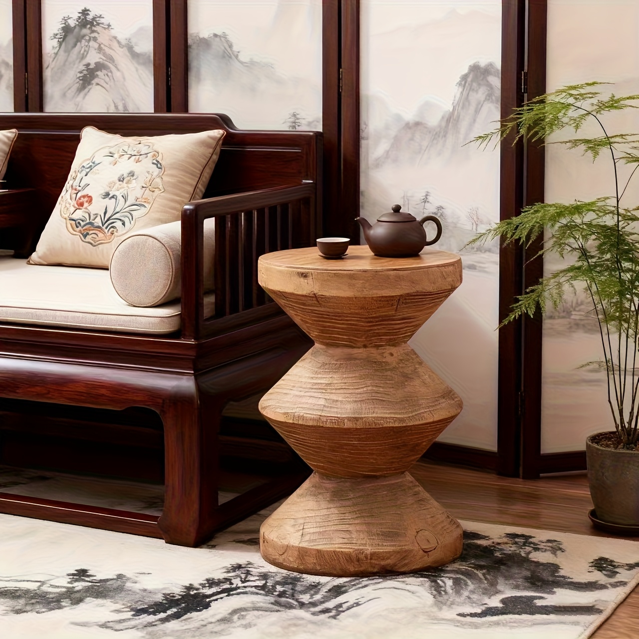 1pc Vintage Wabi-Sabi Style Magnesium Oxide Side Table, Spinning Top Design Nightstand, Natural Artistic B&B Bedroom Side Table - Suitable for Living Room Sofa Side, Bedroom Bedside