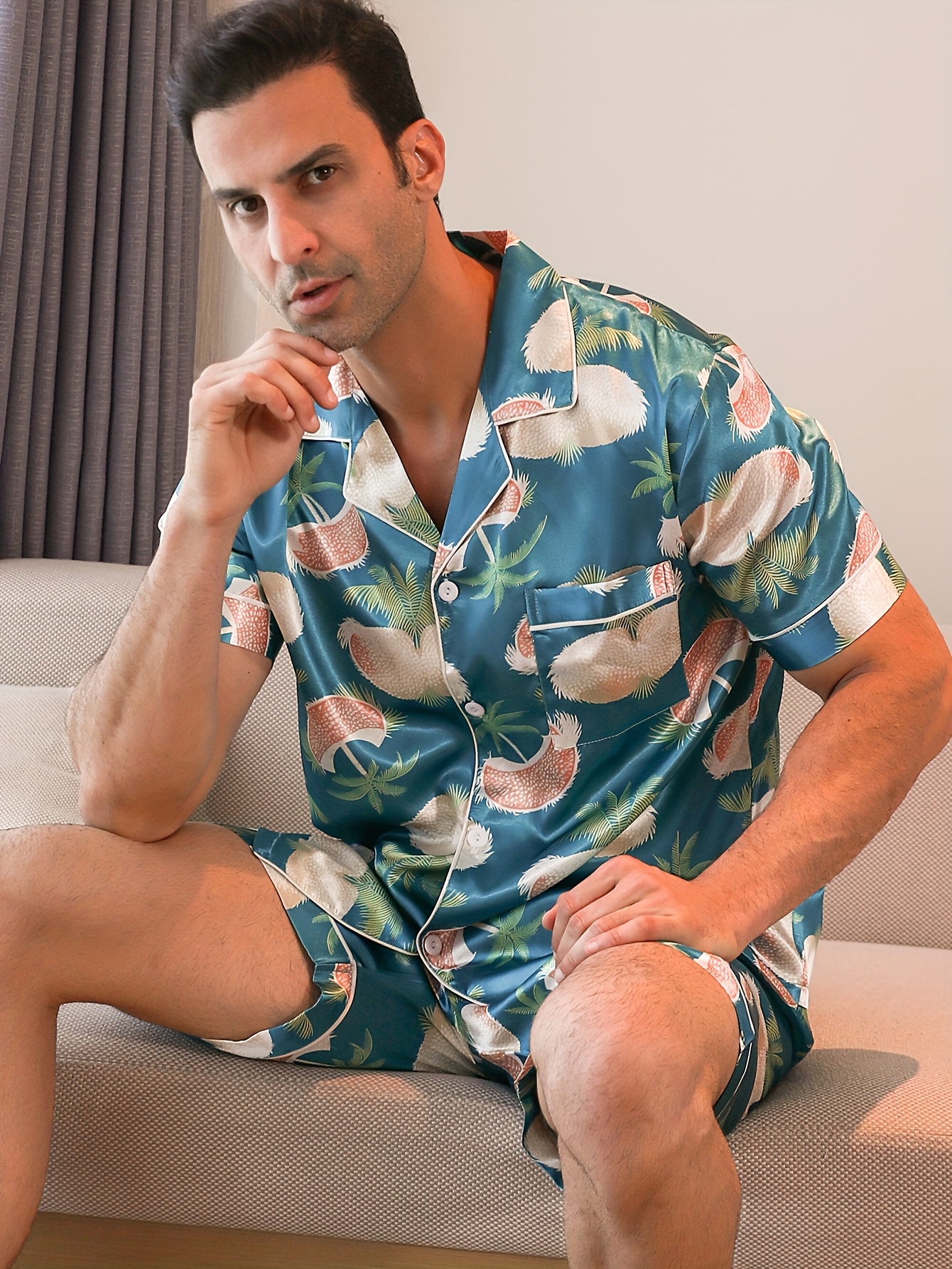 conjunto pijama hombre camisa estampada cuello corto Temu