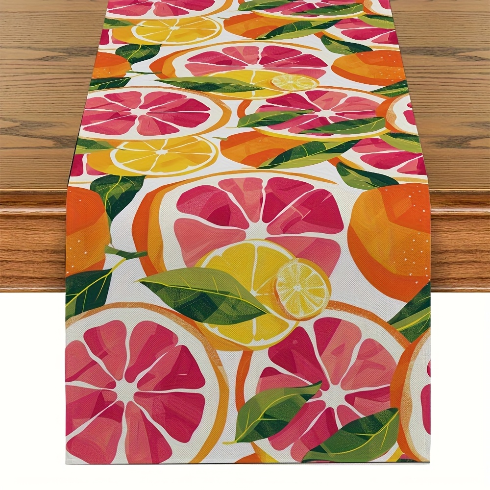 TEMU 1peça Vibrant Orange Fruit Watercolor Table Runner - Retangular Poliéster, Citrus Design com Limão & Grapefruit, Perfeito para Cozinha, Sala de