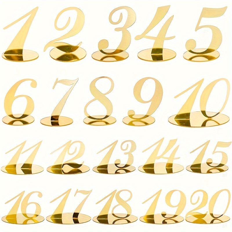 

Golden Acrylic Wedding Table Numbers 1-20 With Stands: Perfect For Wedding Receptions, Baby Showers, Bridal Parties, Birthdays, And More!