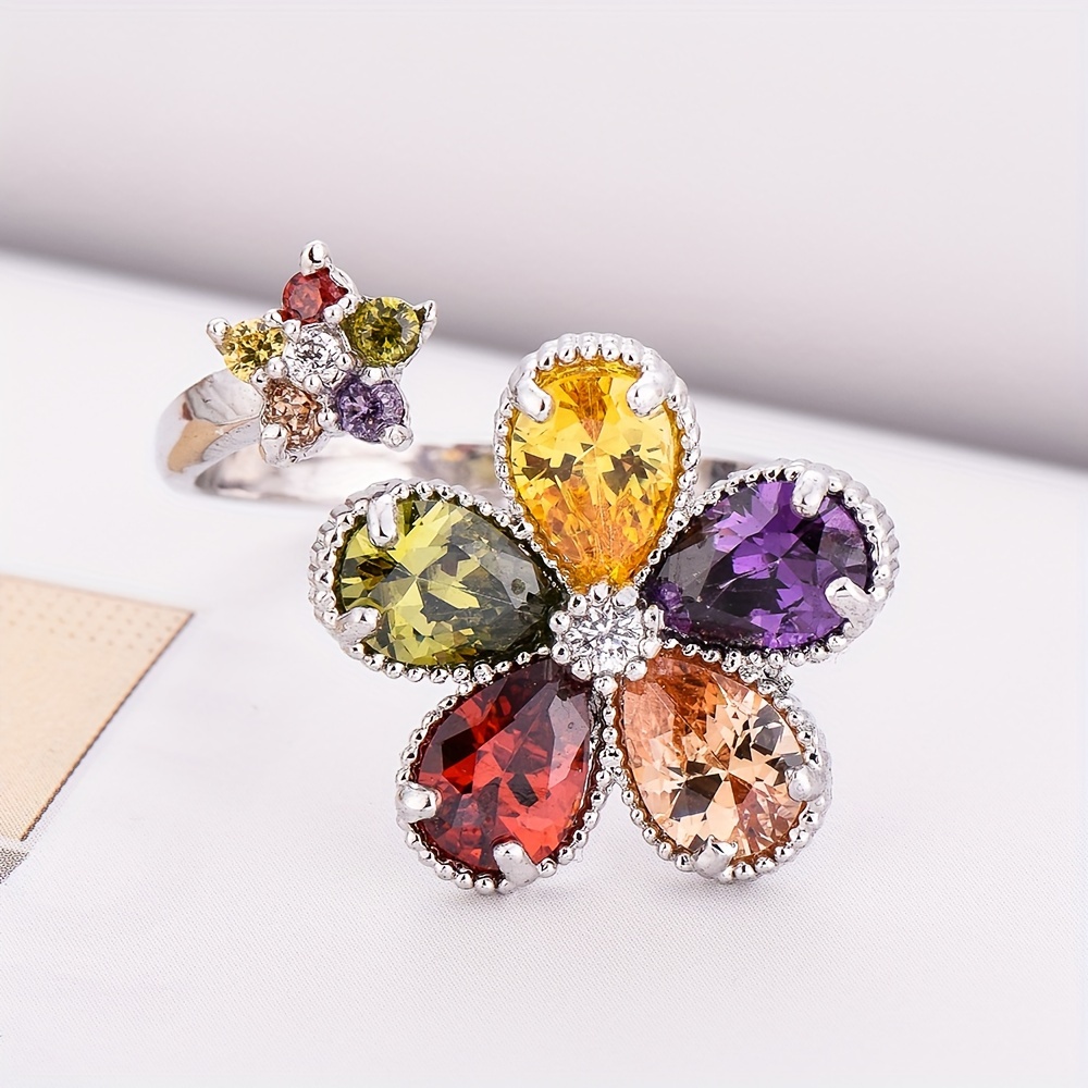 Bohemian Style Five-Color Mixed Synthetic Zirconia Open Adjustable Ring