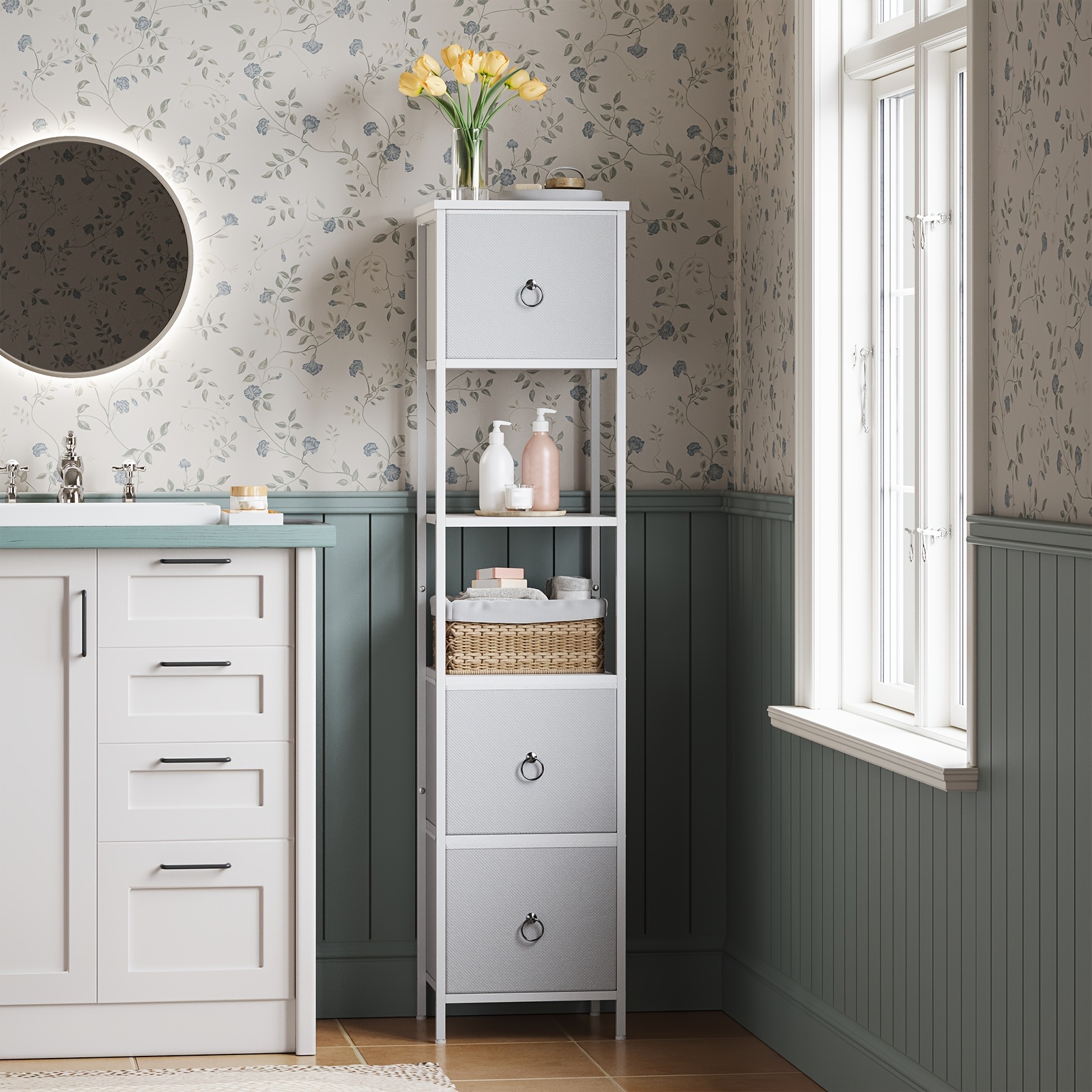 Image of 6-tier Corner Shelf With 3 Drawers, Bathroom Storage Cabinet, Bathroom Storage Organizer, Multi-functional Corner Shelf, Suitable For Bathroom, Living Room, White