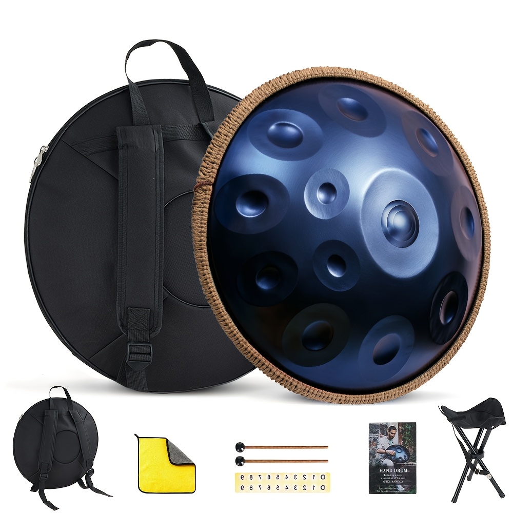 Image of Handpan Drum, 22inch D Kurd Steel Tongue Hand Pan Drum For Adults Yoga Meditation, Hand Tuning Sound Instrument Gift For Beginners With Soft Bag, Hand , Stand, Cloth, Sound Stickers (blue)