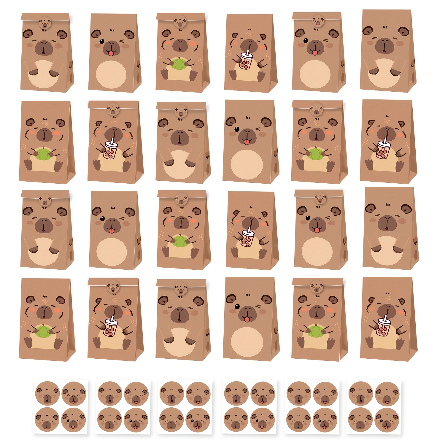 E-shop 24 Stück Capybara Party Papierbeutel mit 24 Aufklebern | Doppelseitiges niedliches Capybara Muster, Tier-Themen Geburtstagsparty Zubehör,